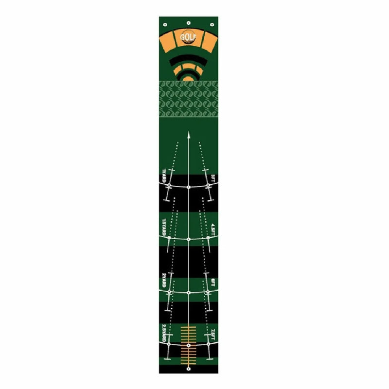 Tapis de putting pliable – dessin vert et noir avec repères en arc et éventail orange