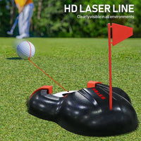 Coupelle de putting à retour automatique – trait laser rouge de visée et drapeau sur la pelouse