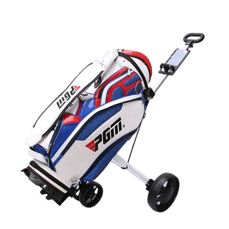 Chariot de golf push-pull aluminium – chariot chargé d'un sac de golf sur fond blanc