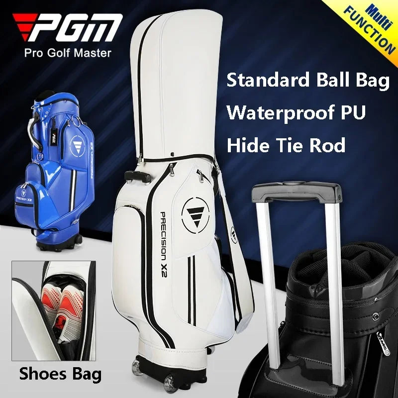 Sac de golf tour à roulettes – sac blanc avec sa tige télescopique sortie, poche à chaussures en médaillon