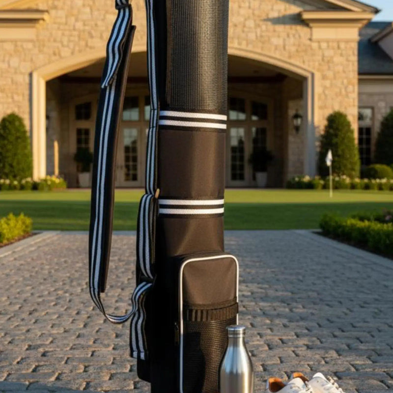 Petit sac de golf léger Oxford – bandoulière rayée et poche avant, devant une allée