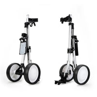 Chariot de golf pliable 2 roues – deux chariots repliés vus de face et de côté