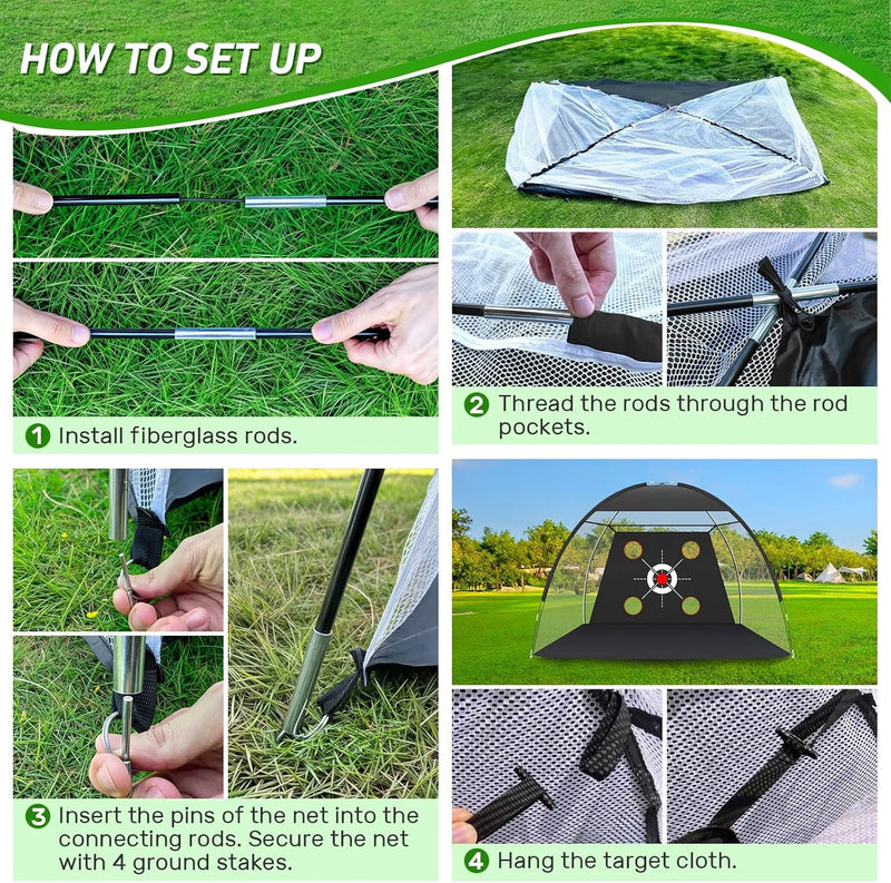 Filet de golf multi-cibles – les quatre étapes de montage : arceaux, fourreaux, piquets et toile de cible