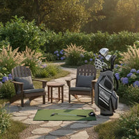 Set de golf complet droitier – sac gris et tapis de putting dans un jardin