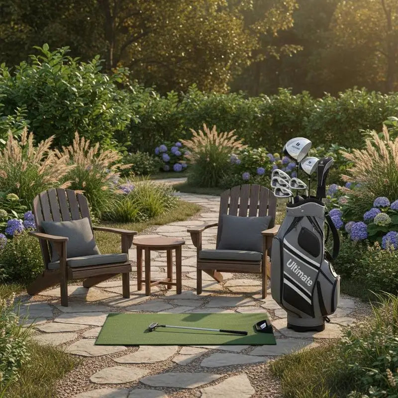 Set de golf complet droitier – sac gris et tapis de putting dans un jardin