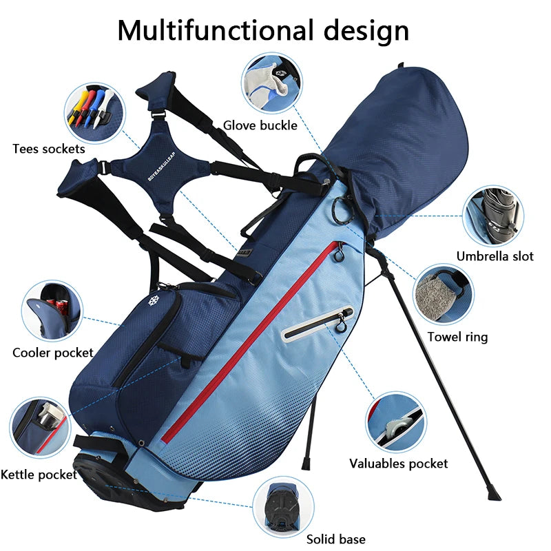 Sac de golf trépied léger 2 kg – schéma des accessoires : support à tees, attache gant, emplacement parapluie, anneau serviette