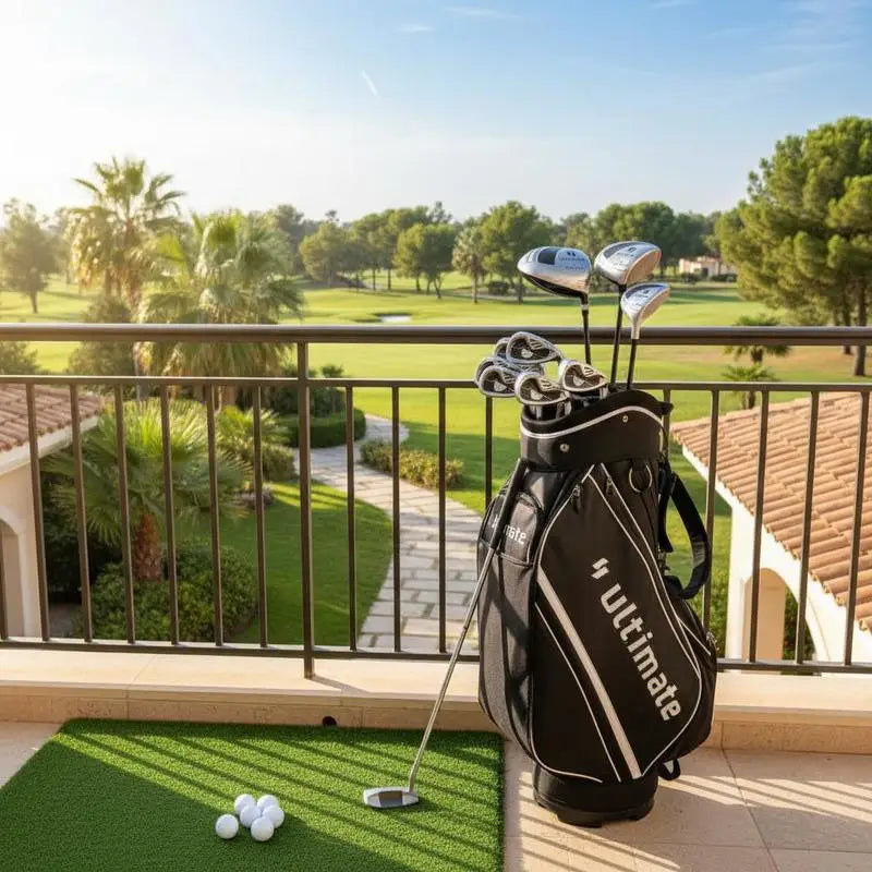 Set de golf complet femme – sac noir sur un balcon avec tapis de putting