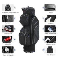 Sac de golf chariot 14 compartiments – schéma des poches : porte-bouteille, isotherme, balles, anneau serviette