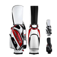 Sac de golf tour en cuir PU étanche – sac blanc et rouge de face, de dos et de côté avec deux petites vues des autres coloris
