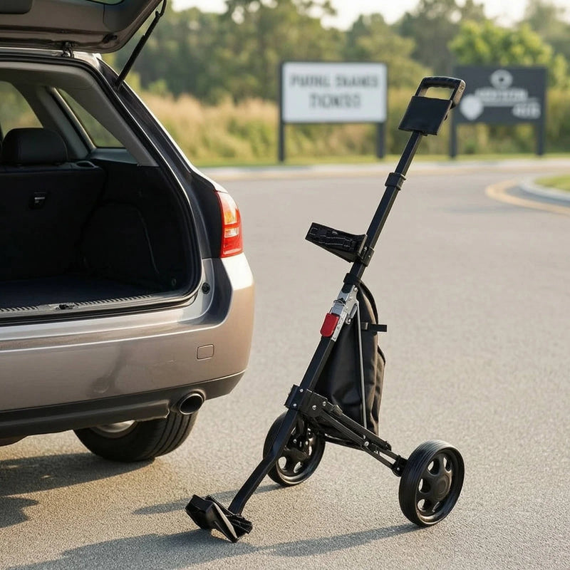 Chariot de golf manuel compact – chariot déplié près du coffre d'une voiture