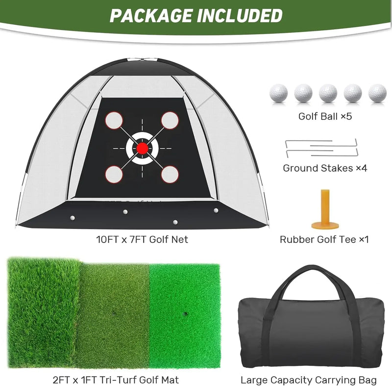 Filet de golf dôme – contenu du kit : filet, tapis, balles, piquets, tee et sac