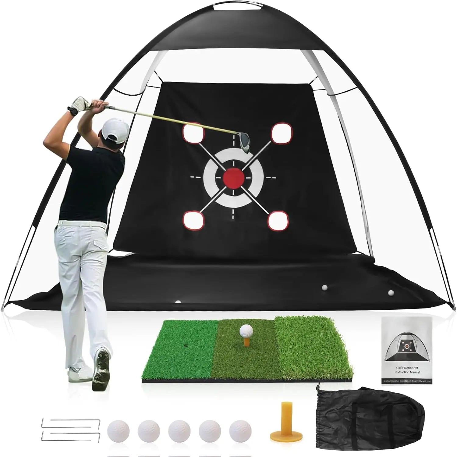 Filet de golf dôme 3 x 2,1 m avec cible multiple, tapis tri-turf et sac