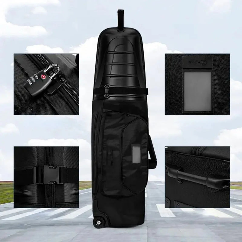 Sac de golf de voyage rigide – détails : cadenas de fermeture, porte-étiquette, sangle à boucle et poignée