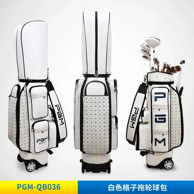 Sac de golf tour blanc à roulettes – sac vu de face, de dos avec capot et de côté, fond clair