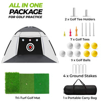 Filet d'entraînement golf noir – contenu du kit avec tapis, balles, tees et sac