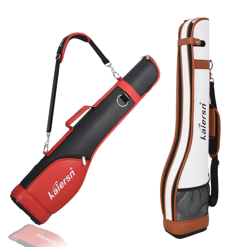 Sac de golf pencil en cuir PU – vue en diagonale, coloris noir et rouge avec sangle