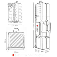 Housse de voyage golf pliable à panneaux rigides – schéma des dimensions : 134 cm de haut, repliée 38 × 33 × 27,5 cm