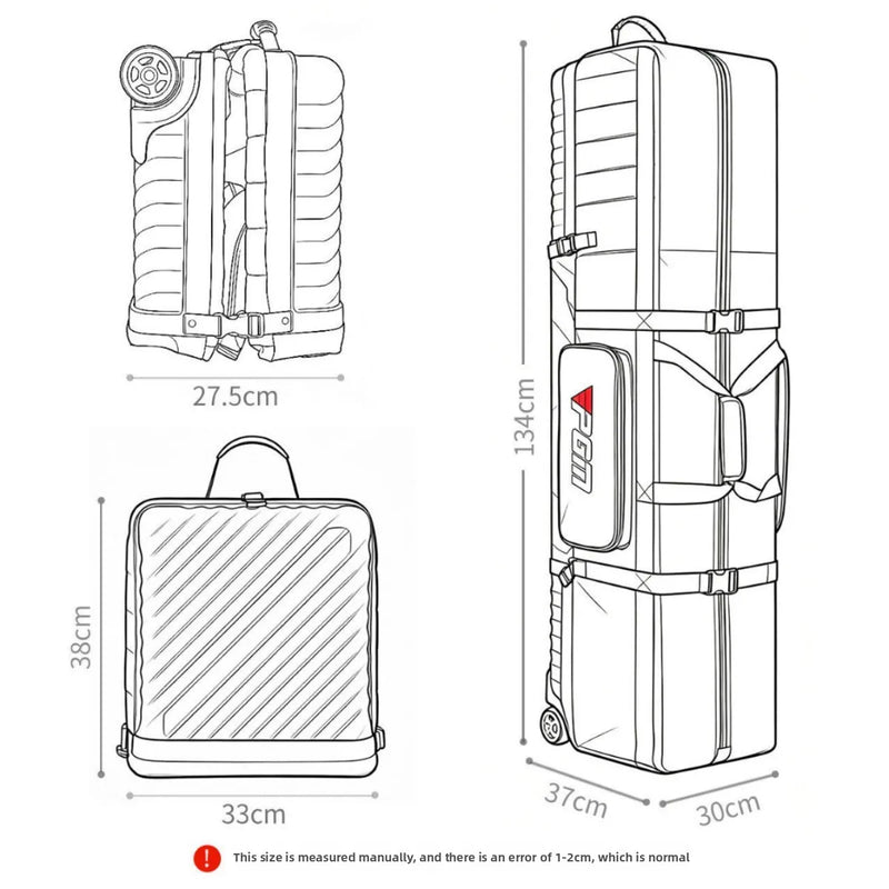 Housse de voyage golf pliable à panneaux rigides – schéma des dimensions : 134 cm de haut, repliée 38 × 33 × 27,5 cm