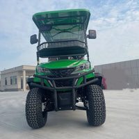 Buggy de golf électrique tout-terrain vert – vue de face avec panier et pare-chocs