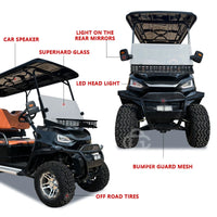 Voiturette de golf électrique tout-terrain noire – schéma des équipements : phares LED, pare-chocs à grille, pneus tout-terrain