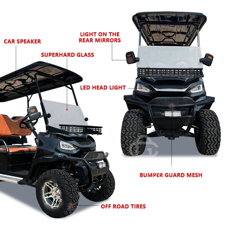 Voiturette de golf électrique tout-terrain noire – schéma des équipements : phares LED, pare-chocs à grille, pneus tout-terrain