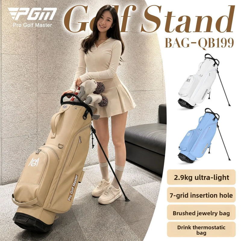 Sac de golf trépied femme – golfeuse avec le sac beige, blanc et bleu ciel en vignettes